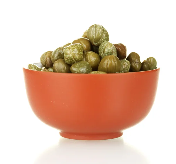 Green capers in ceramical bowl isolated on white background — Stock Photo, Image