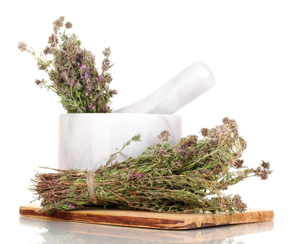 Thyme herb and mortar isolated on white — Stock Photo, Image