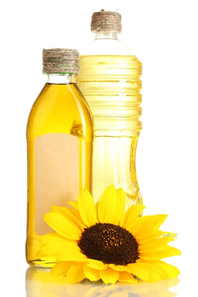 在罐子和向日葵，孤立在白色油 — 图库照片