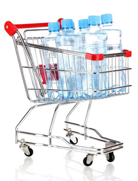 stock image Plastic bottles of water in trolley isolated on white