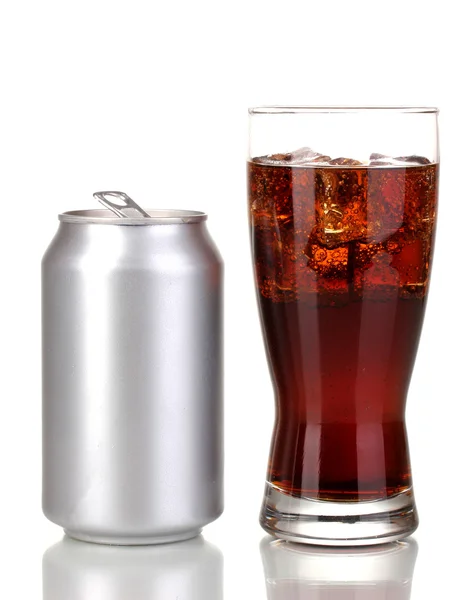 Open aluminum can and glass of cola isolated on white — Stock Photo, Image