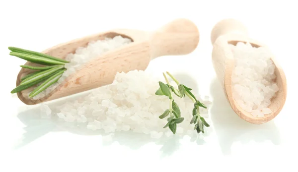 Salz mit frischem Rosmarin und Thymian auf weiß isoliert — Stockfoto