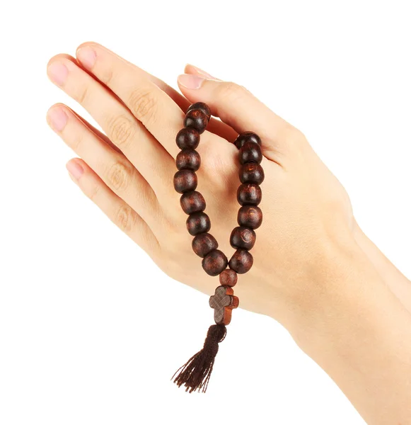 Tangan dalam Doa dengan Salib pada latar belakang putih close-up — Stok Foto