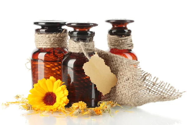 Medicine bottles and calendula, isolated on white — Stock Photo, Image