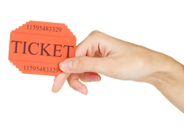 Die Hand einer Frau hält ein buntes Ticket auf weißem Hintergrund in Großaufnahme — Stockfoto