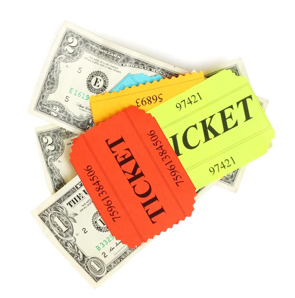 Colorful tickets with money isolated on white — Stock Photo, Image