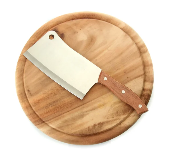 Meat cleaver on cutting board isolated on white — Stock Photo, Image