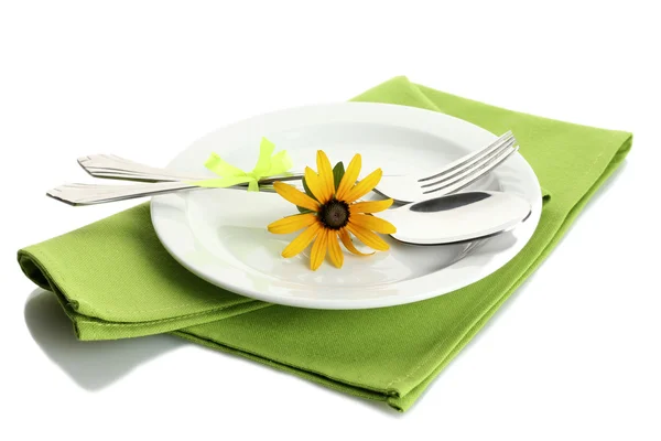 Sked, gaffel och blomma på plattan, isolerad på vit — Stockfoto