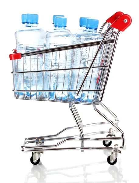 stock image Plastic bottles of water in trolley isolated on white