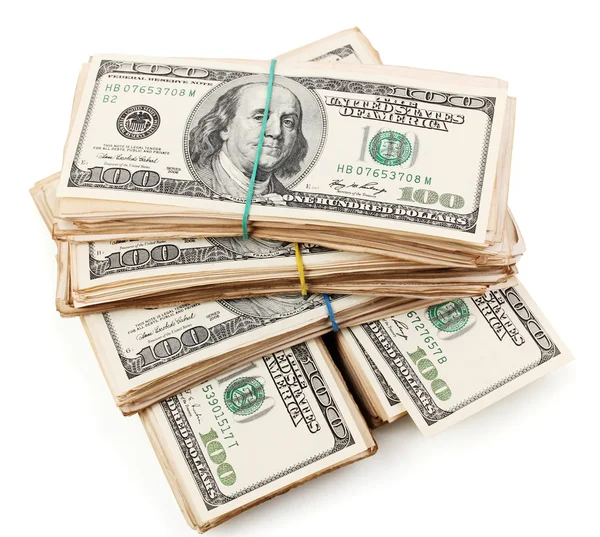Travar av hundra dollar sedlar närbild isolerad på vit — Stockfoto
