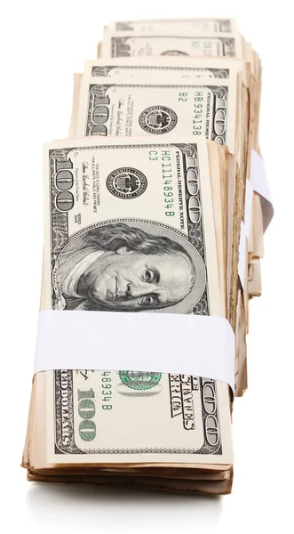Sok száz dollár bankjegyek közelről elszigetelt fehér — Stock Fotó