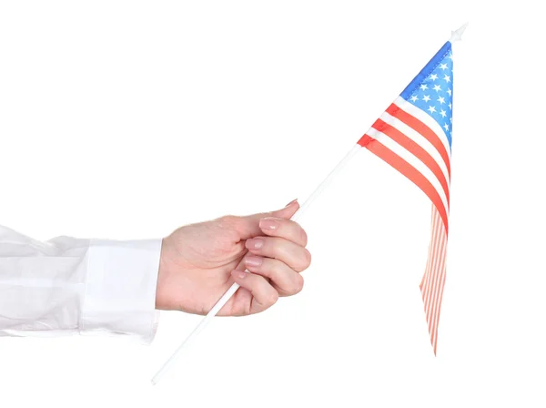 Weibliche Hand mit amerikanischer Flagge isoliert auf weiß — Stockfoto