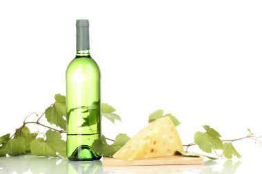 Bottle of great wine and cheese isolated on white clipart