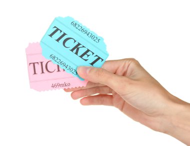 Woman's hand holding a colorful tickets on white background close-up clipart