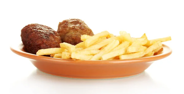 Ziemniaki frytki z hamburgery w płytkę na białym tle na biały z bliska — Zdjęcie stockowe