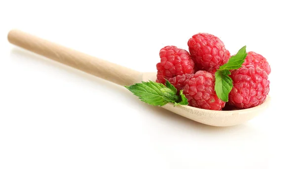 stock image Ripe raspberries with mint in wooden spoon isolated on white