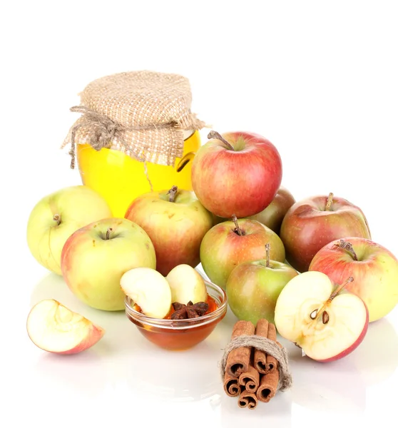 Honey and apples with cinnamon isolated on white — Stock Photo, Image