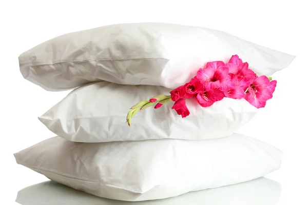 Travesseiros e flores, isolados sobre branco — Fotografia de Stock