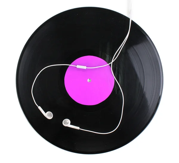 Disque vinyle noir et écouteurs isolés sur blanc — Photo