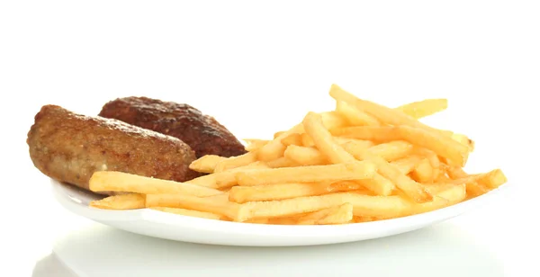 흰색 클로즈업에 고립 된 접시에서 햄버거와 감자 튀김 — 스톡 사진
