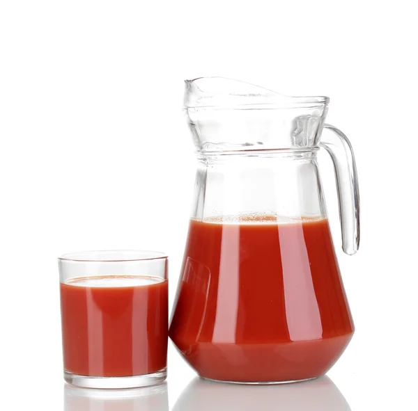 stock image Tomato juice in pitcher and glass isolated on white