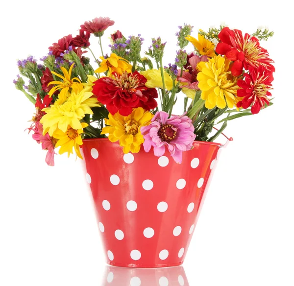 Bouquet of beautiful summer flowers in bucket, isolated on white Stock Picture