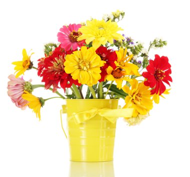 Bouquet of beautiful summer flowers in bucket, isolated on white clipart