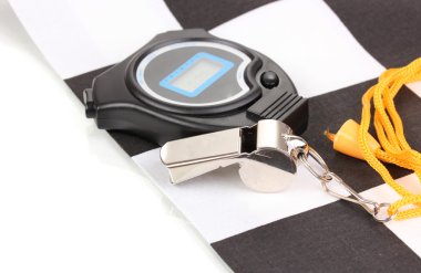 Checkered finish flag with whistle and stopwatch isolated on white clipart