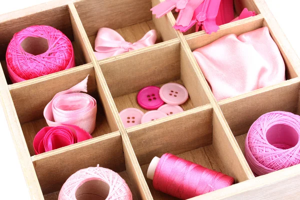 Material for sewing in wooden box closeup — Stock Photo, Image