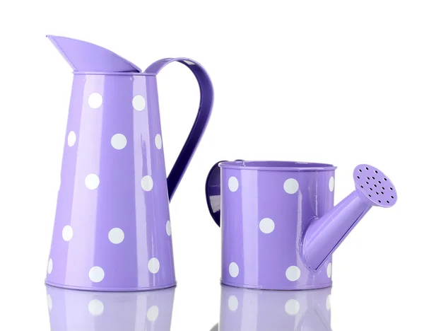 紫色の水まき缶とバケツ白で隔離される白い水玉付き — ストック写真