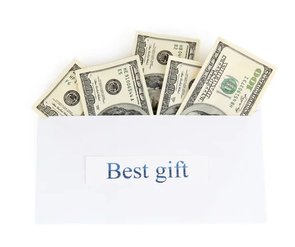 Kuvertet med pengar räkningar isolerade på vitt. bästa gåva. — Stockfoto