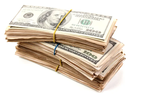 Verem, száz dollár bankjegyek Close-Up elszigetelt fehér — Stock Fotó