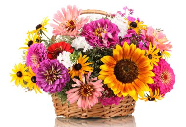 Beautiful bouquet of bright flowers in basket isolated on white clipart