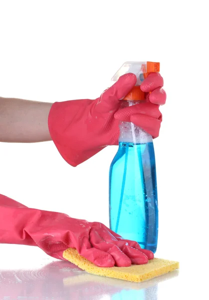 Superficie de limpieza en guantes brillantes con esponja y producto de limpieza sobre fondo blanco — Foto de Stock