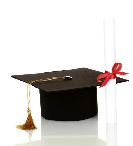 Grad hat and diploma isolated on white — Stock Photo, Image