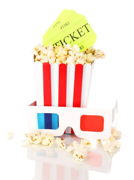 Popcorn with glasses and tickets isolated on white — Stock Photo, Image