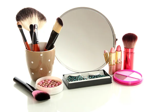 Cosmetics near mirror isolated on white — Stock Photo, Image