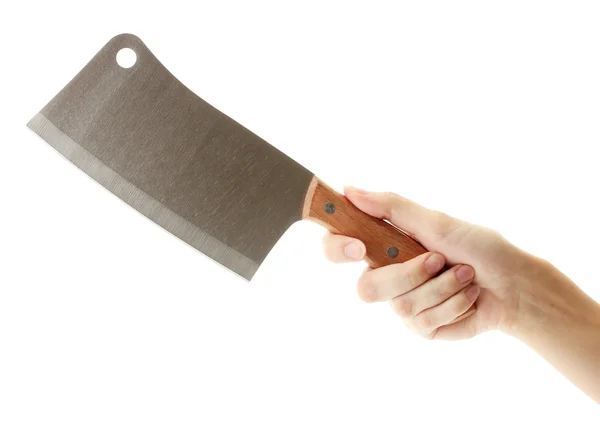 Woman's hand holds a meat cleaver on white background close-up — Stok fotoğraf
