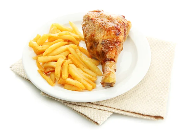 Roast chicken with french fries on plate, isolated on white — Stock Photo, Image