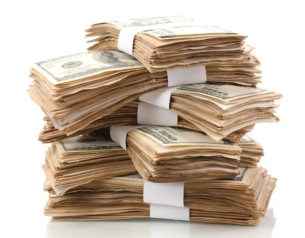 Yüz dolarlık banknotlar yakın çekim üzerinde beyaz izole yığını — Stok fotoğraf