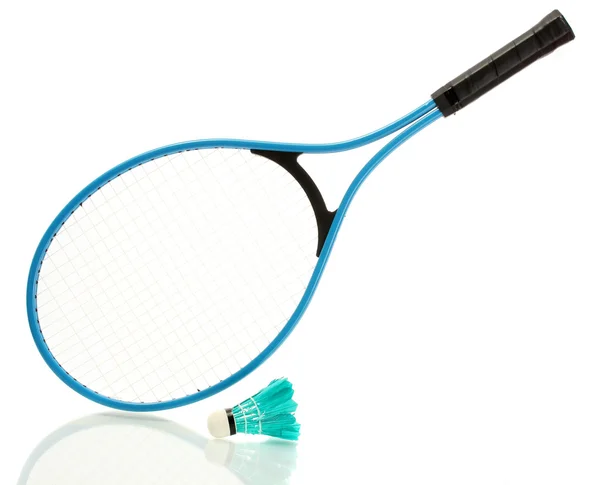 Badminton raketi ve mekik horozu beyazda izole edilmiş. — Stok fotoğraf