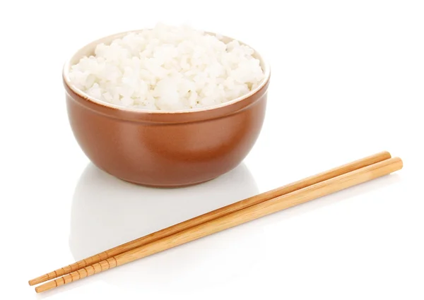 Tigela de arroz e pauzinhos isoalted em branco — Fotografia de Stock