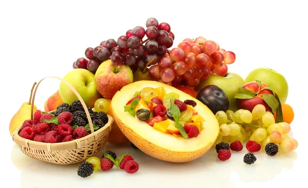 Fresh fruits salad in melon, fruits and berries, isolated on white — Stock Photo, Image