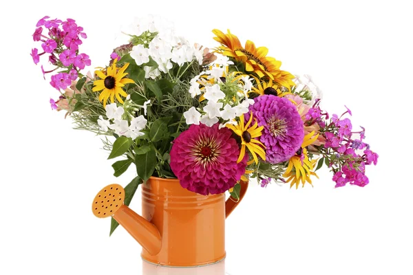 Beautiful bouquet of bright flowers in bailer isolated on white — Stock Photo, Image