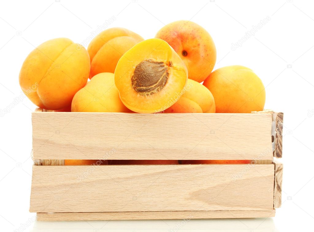 Ripe apricots in wooden box isolated on white