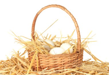 Beyaz arka planda saman üzerinde hasır bir sepetteki beyaz yumurtalar