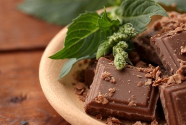 Pieces of chocolate and mint on the clay plate on wooden background close-up clipart