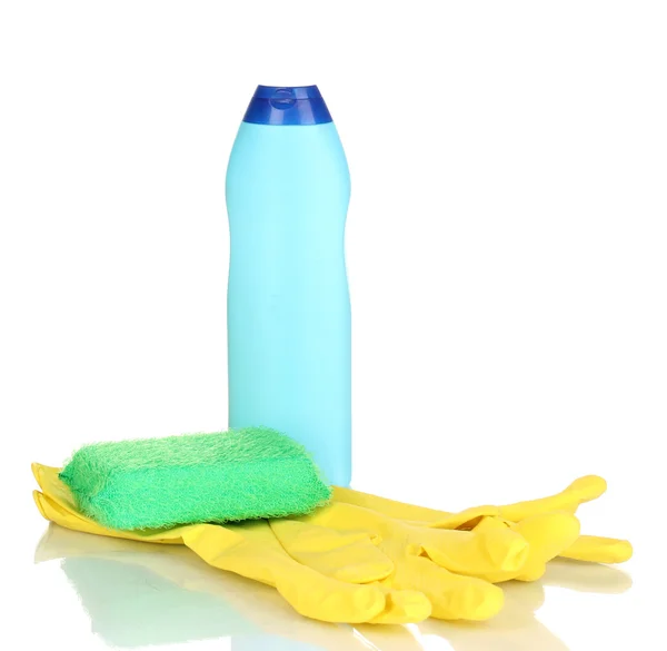 Liquido per lavastoviglie con guanti e spugna isolati su bianco — Foto Stock