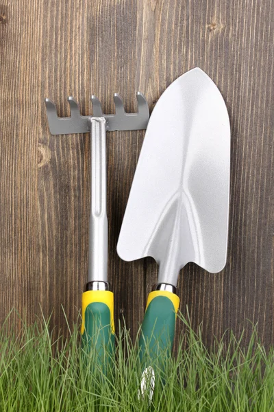Green grass and garden tools on wooden background — Stock Photo, Image