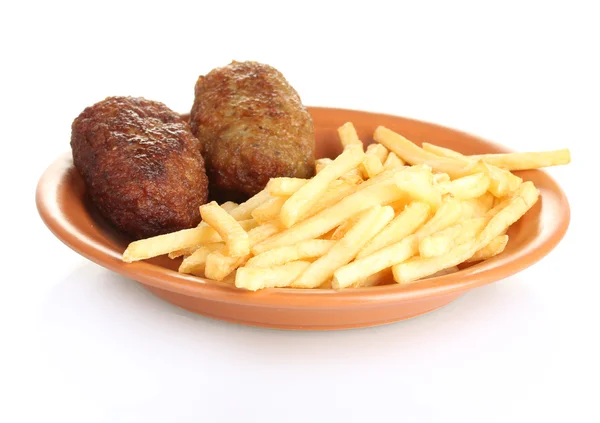 Patatas fritas con hamburguesas en el plato aislado en primer plano blanco —  Fotos de Stock